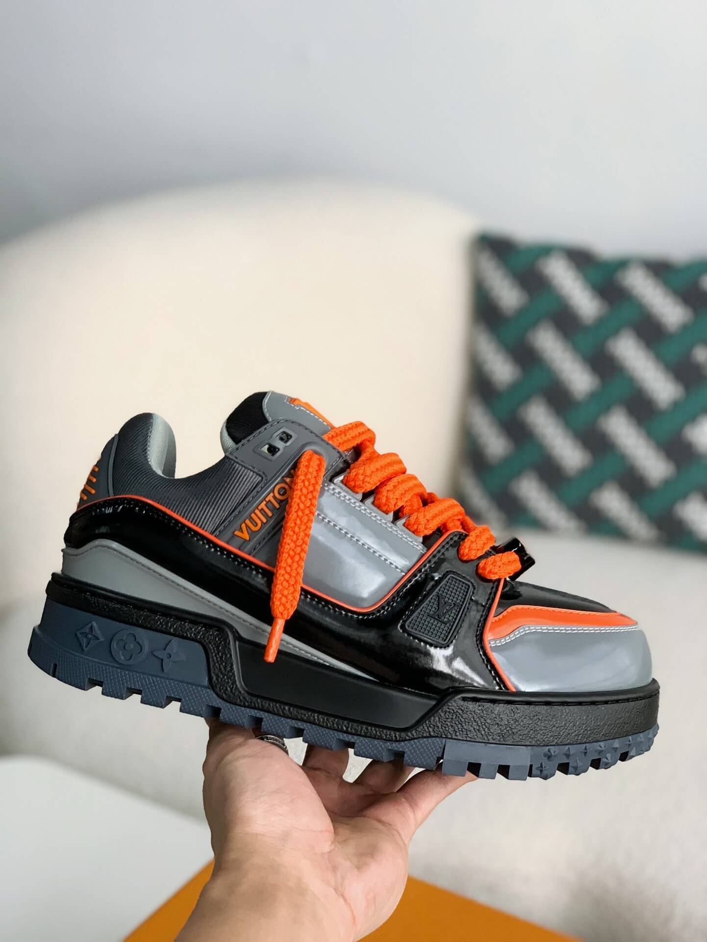 Louis Vuitton LV Maxi Trainer – Grey & Black Patent Leather with Orange Accents