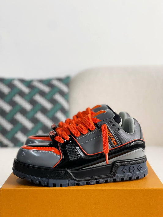 Louis Vuitton LV Maxi Trainer – Grey & Black Patent Leather with Orange Accents