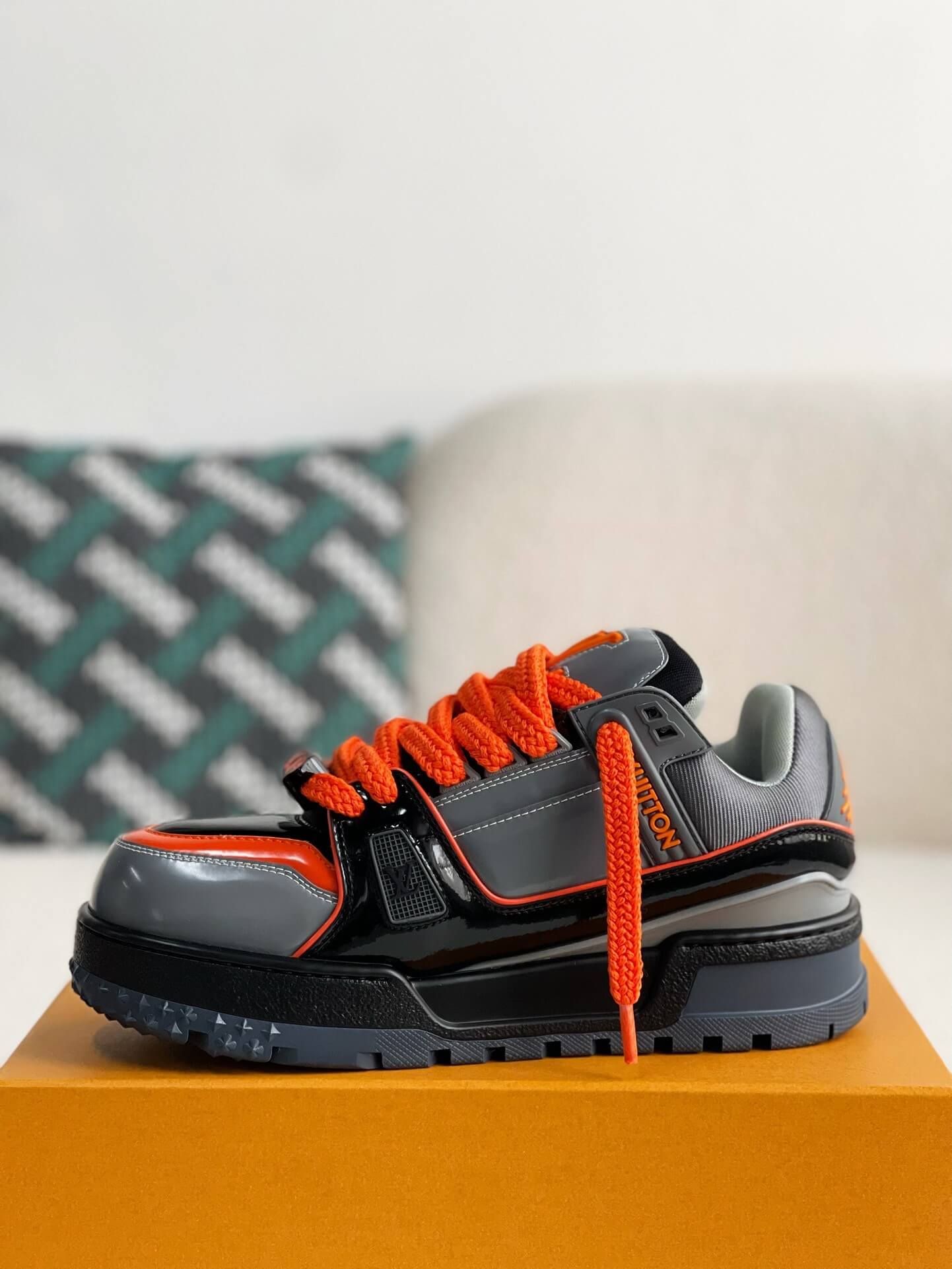 Louis Vuitton LV Maxi Trainer – Grey & Black Patent Leather with Orange Accents
