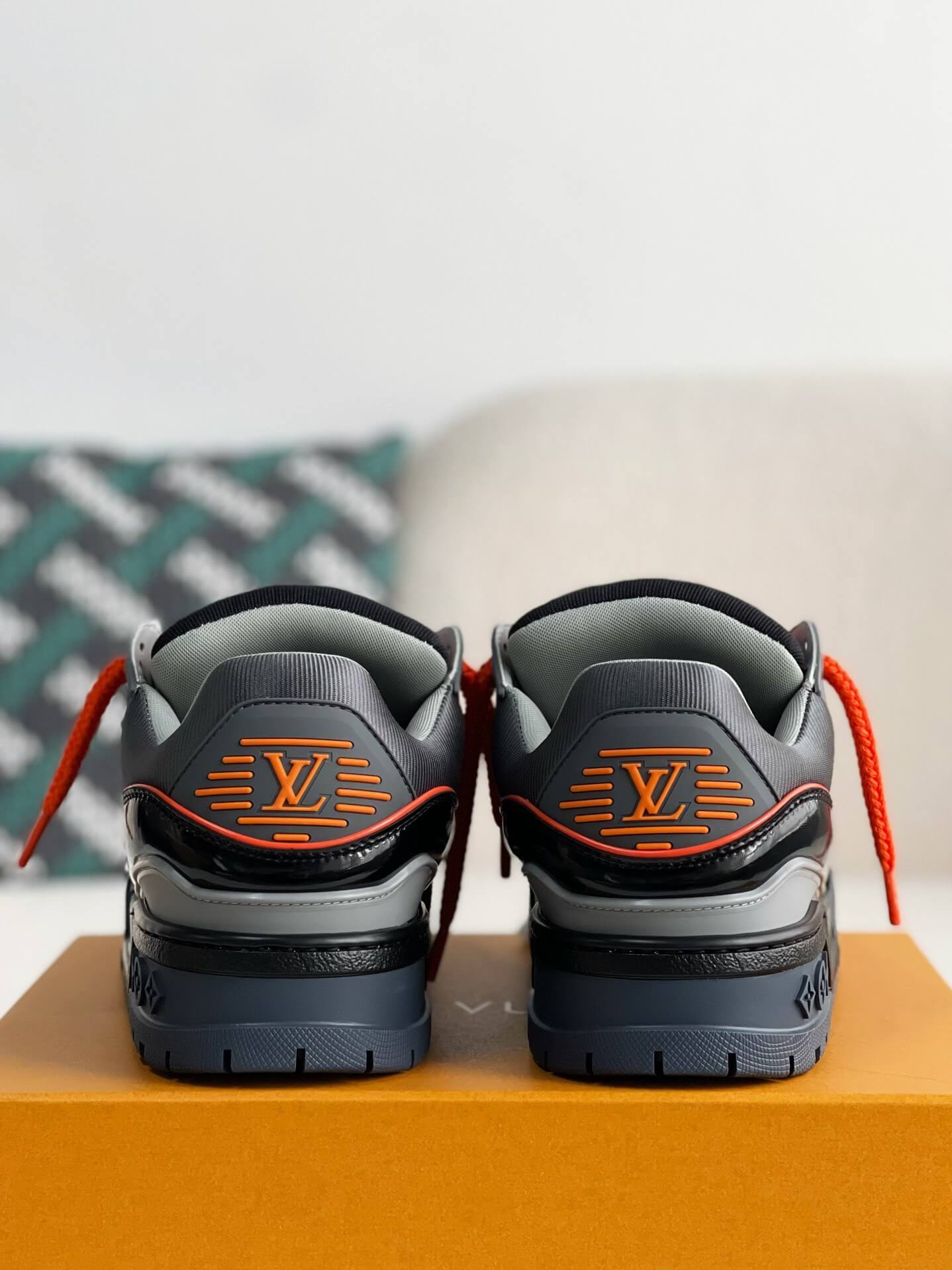 Louis Vuitton LV Maxi Trainer – Grey & Black Patent Leather with Orange Accents