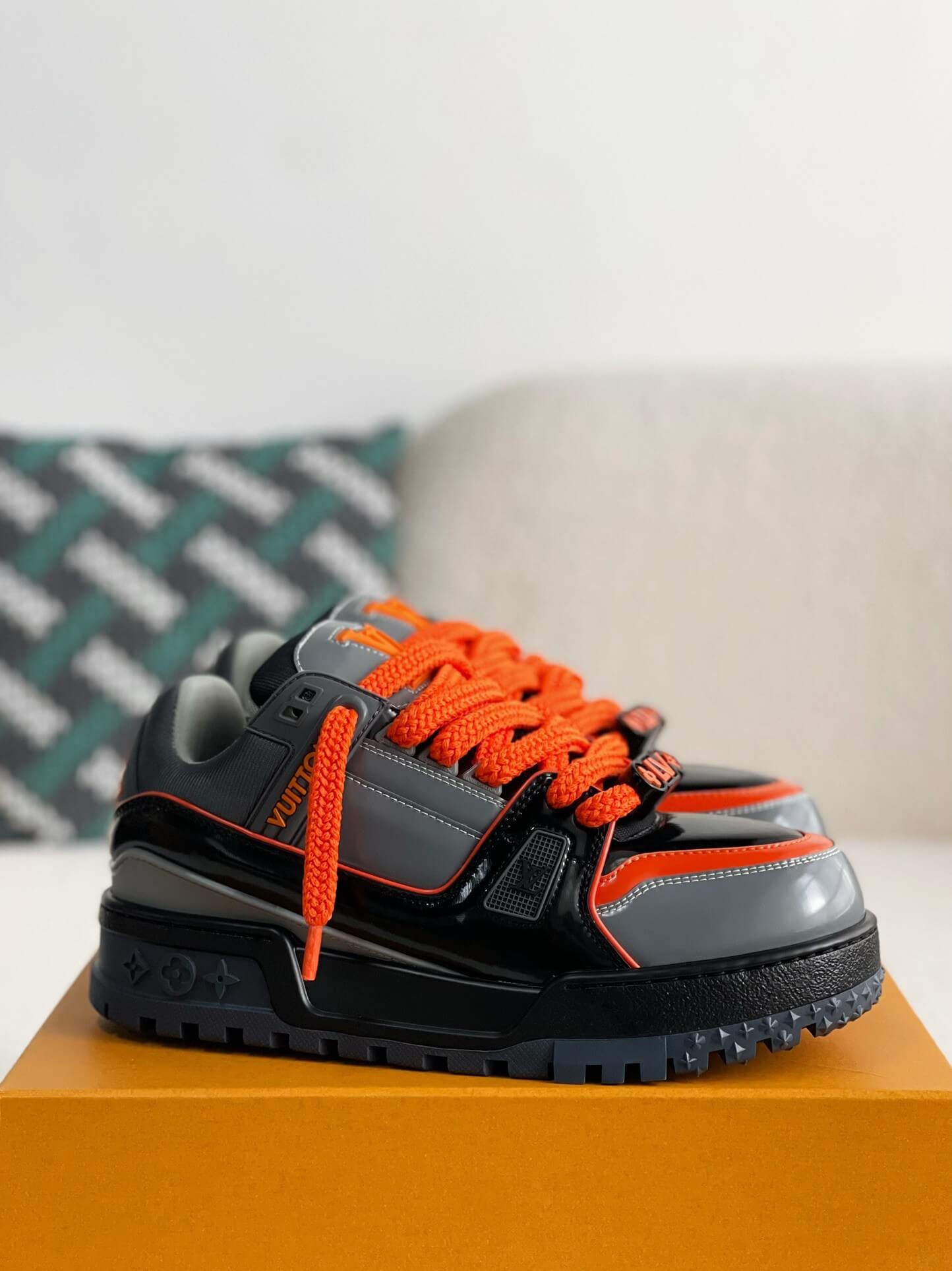 Louis Vuitton LV Maxi Trainer – Grey & Black Patent Leather with Orange Accents
