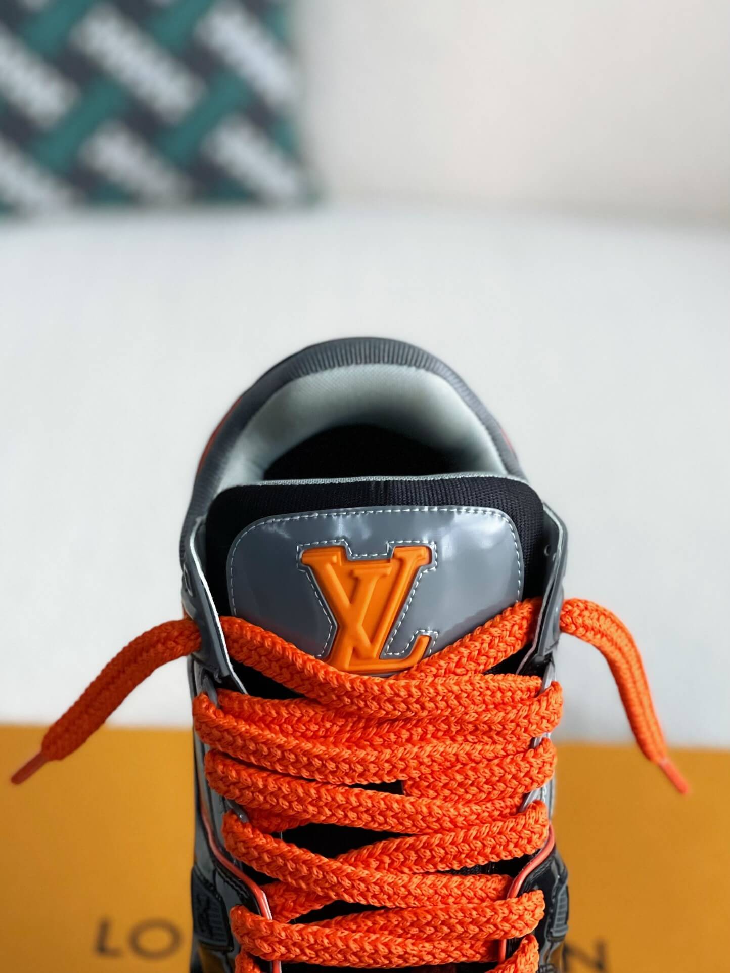 Louis Vuitton LV Maxi Trainer – Grey & Black Patent Leather with Orange Accents