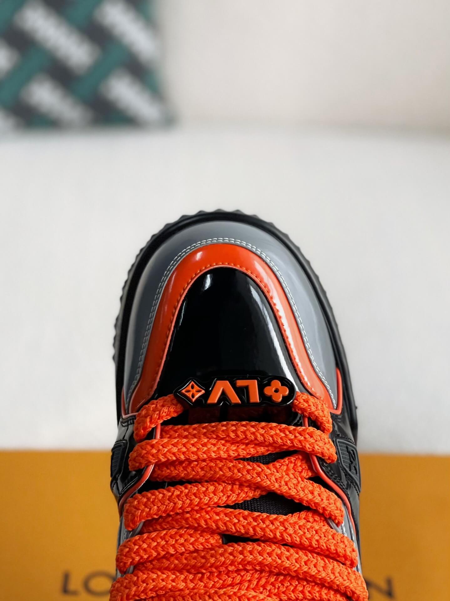 Louis Vuitton LV Maxi Trainer – Grey & Black Patent Leather with Orange Accents
