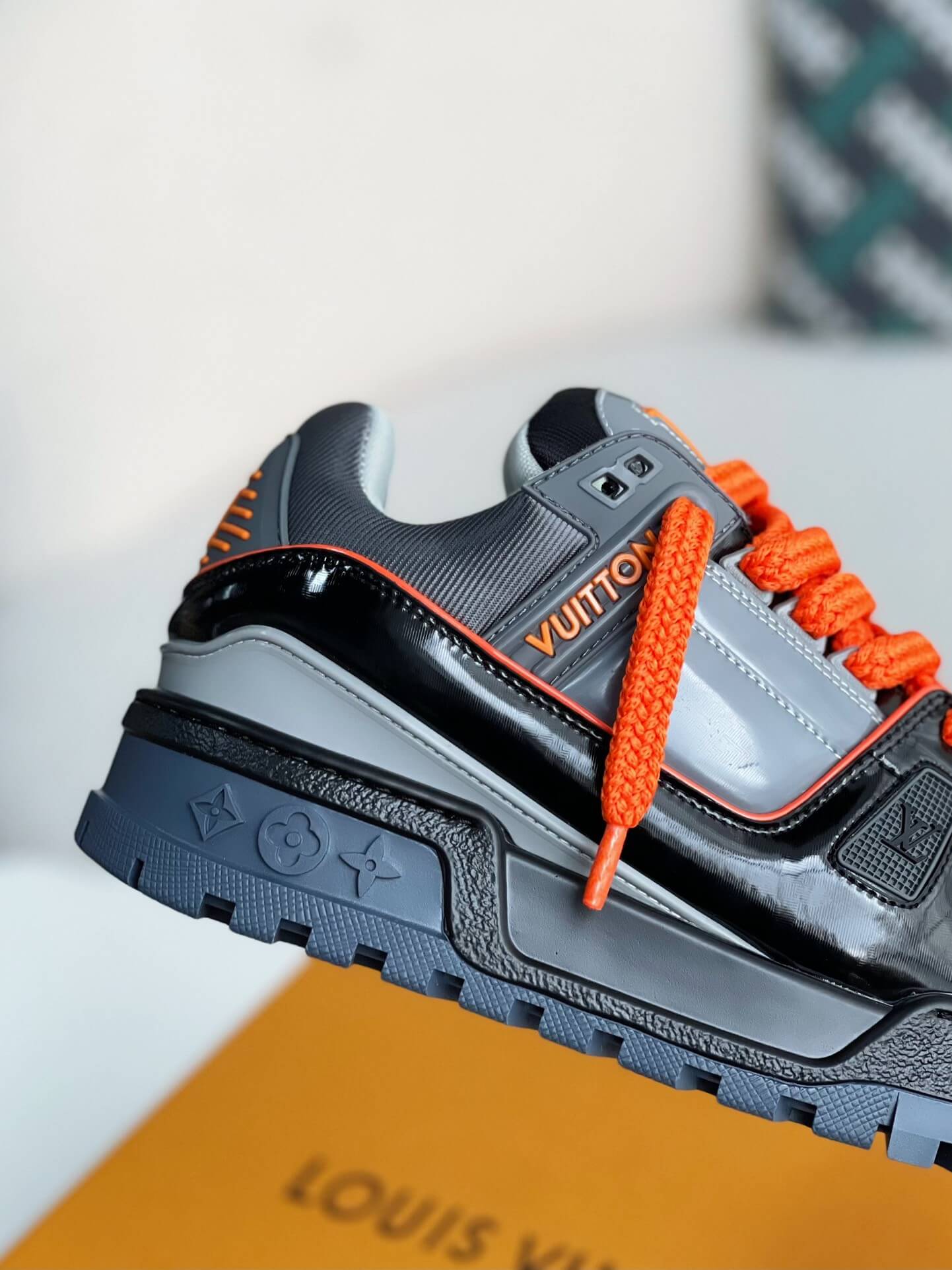 Louis Vuitton LV Maxi Trainer – Grey & Black Patent Leather with Orange Accents