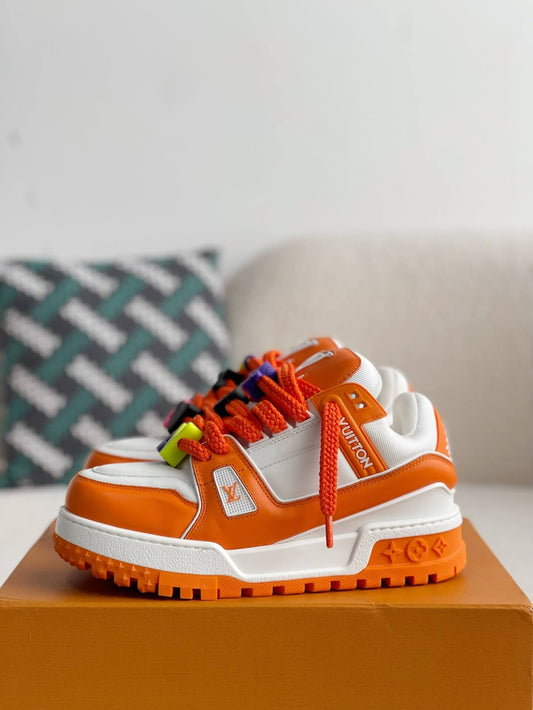 Louis Vuitton LV Maxi Trainer – Orange & White Calf Leather with Multicolor Beads