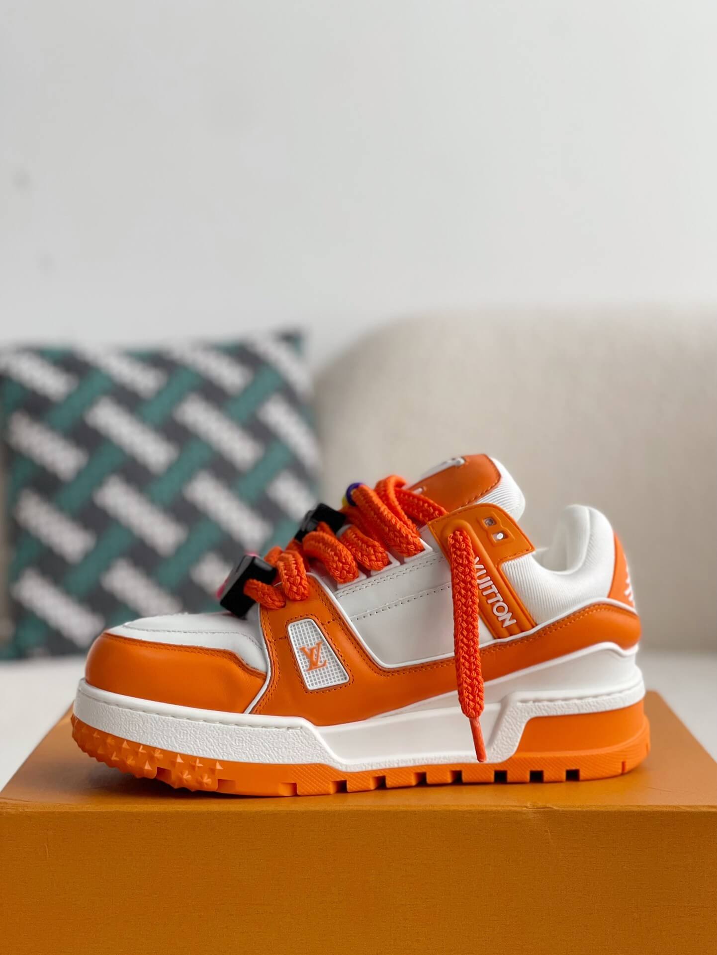 Louis Vuitton LV Maxi Trainer – Orange & White Calf Leather with Multicolor Beads