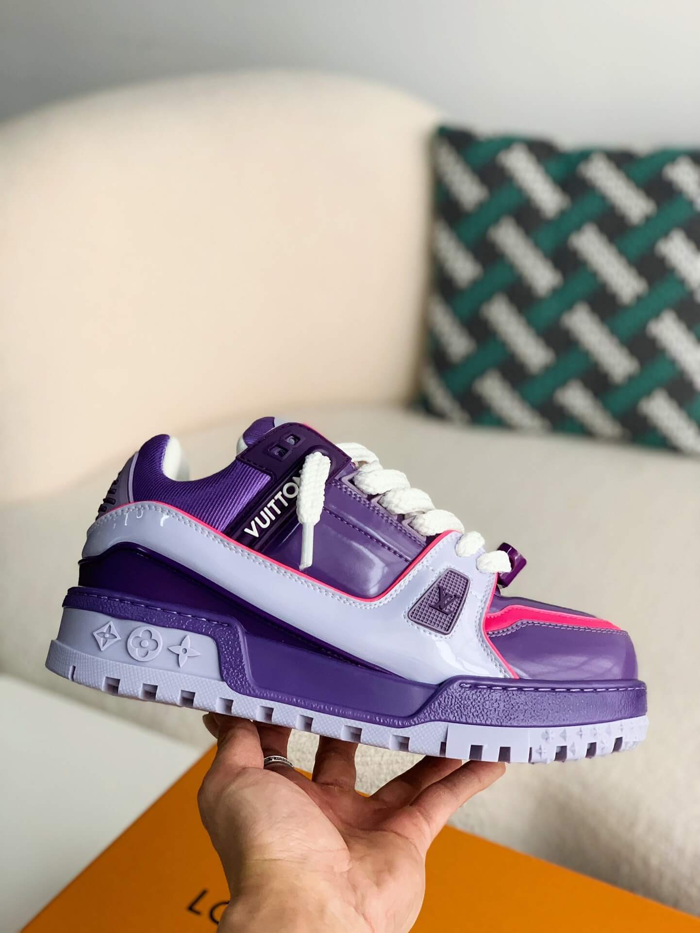 Louis Vuitton LV Maxi Trainer – Purple & Lilac Patent Leather with Neon Pink Accents