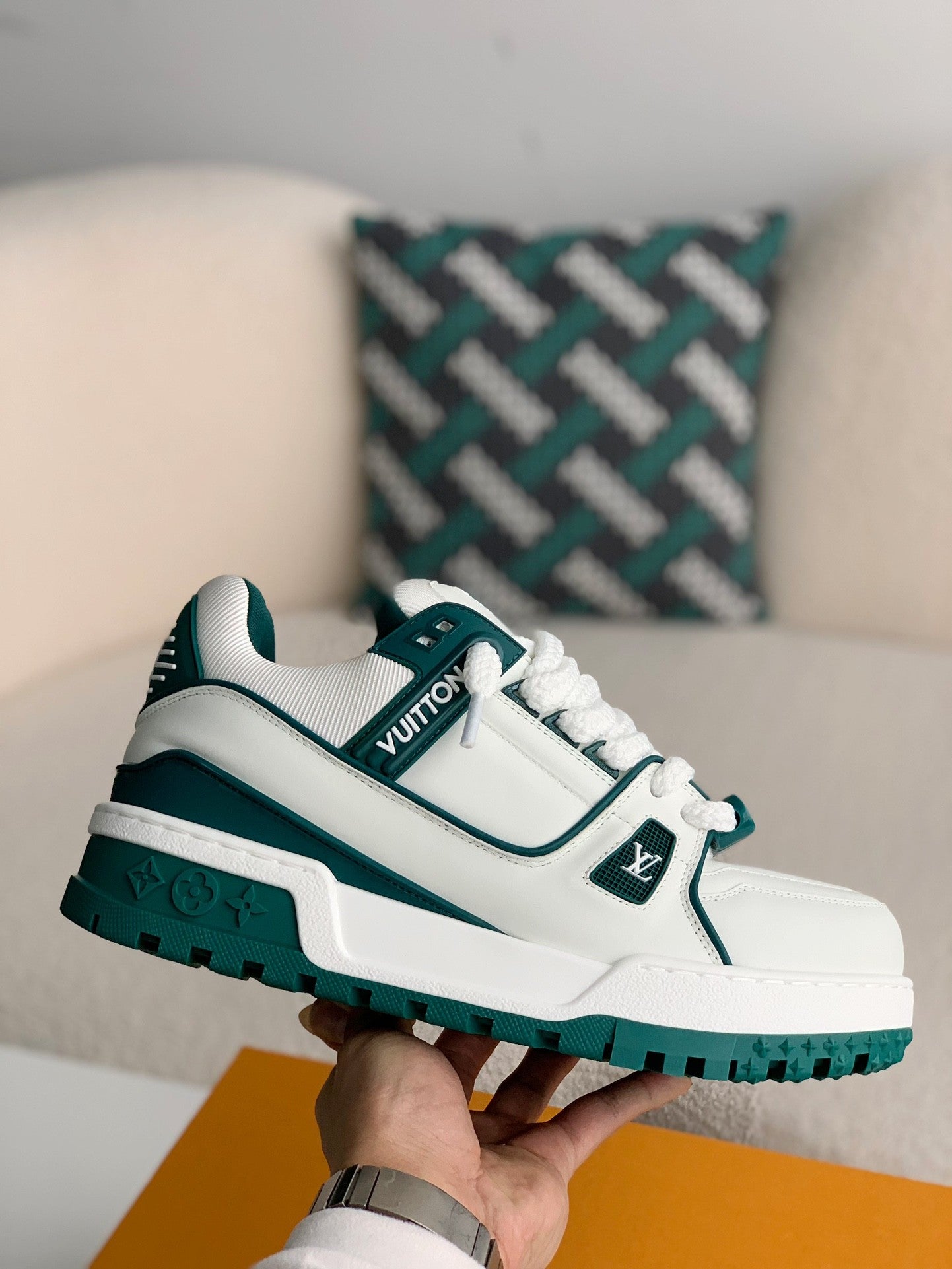 Louis Vuitton LV Maxi Trainer – White & Green Calf Leather