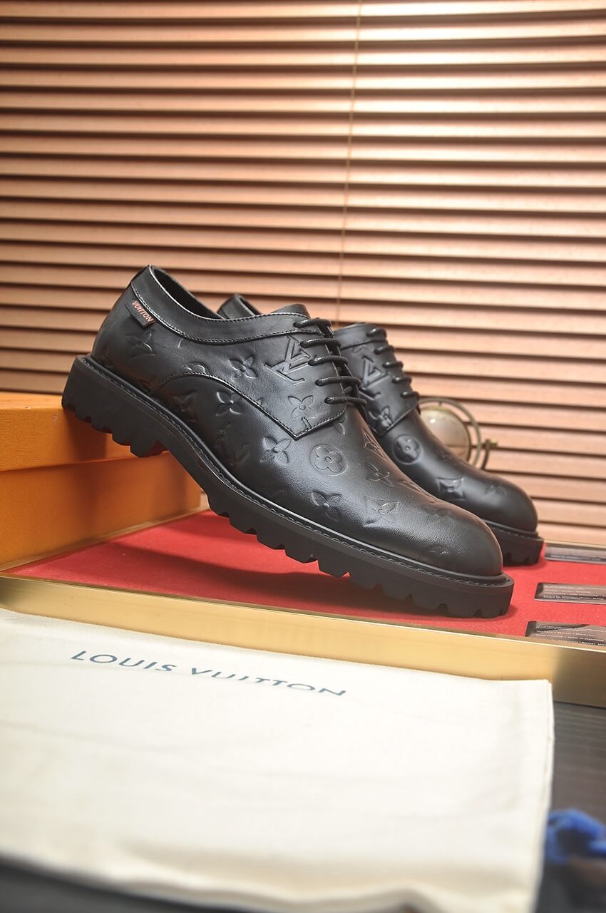 Louis Vuitton LV Monogram Leather Custom Black Derby Shoes