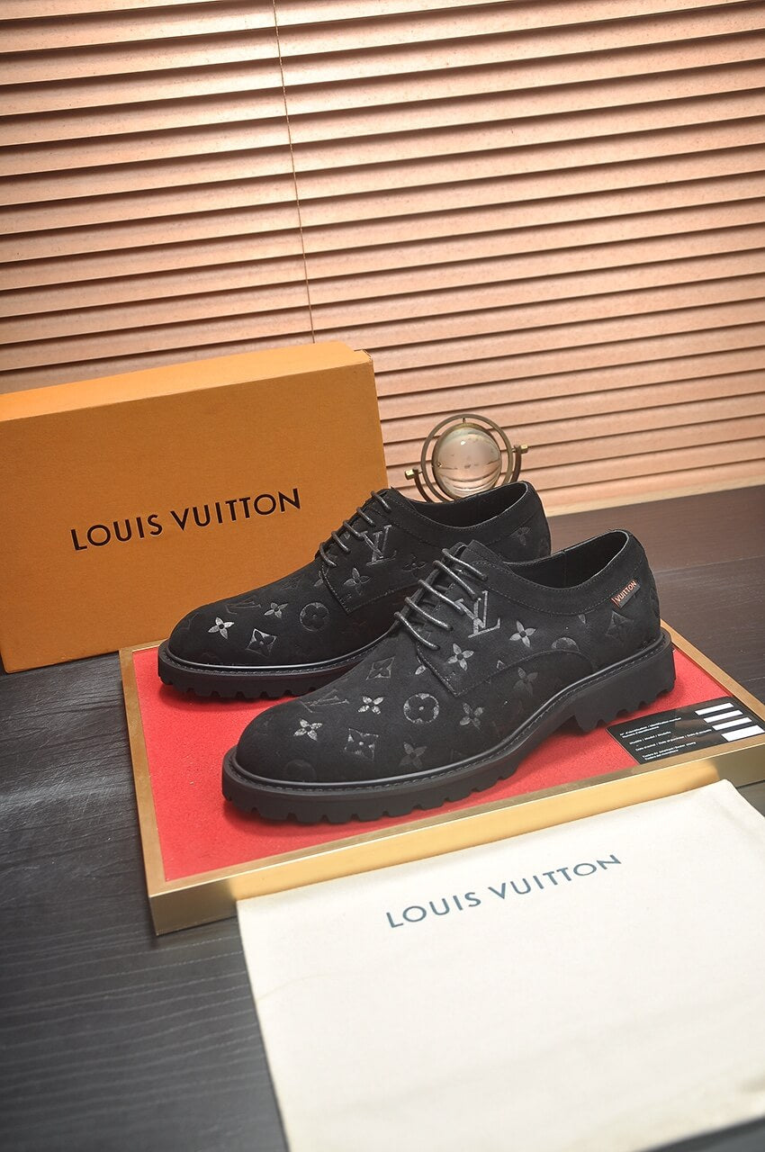 Louis Vuitton LV Monogram Suede Leather Custom Black Derby Shoes