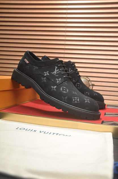 Louis Vuitton LV Monogram Suede Leather Custom Black Derby Shoes