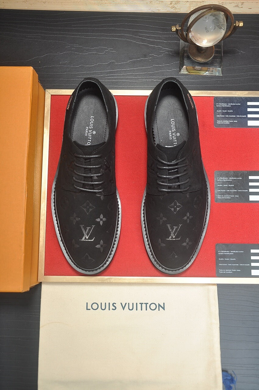 Louis Vuitton LV Monogram Suede Leather Custom Black Derby Shoes