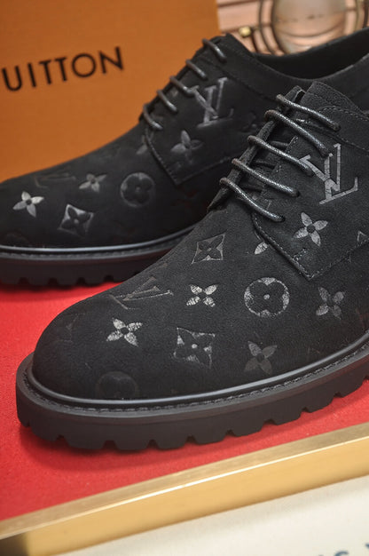 Louis Vuitton LV Monogram Suede Leather Custom Black Derby Shoes