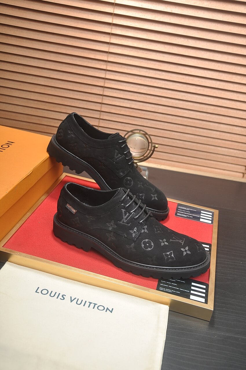 Louis Vuitton LV Monogram Suede Leather Custom Black Derby Shoes