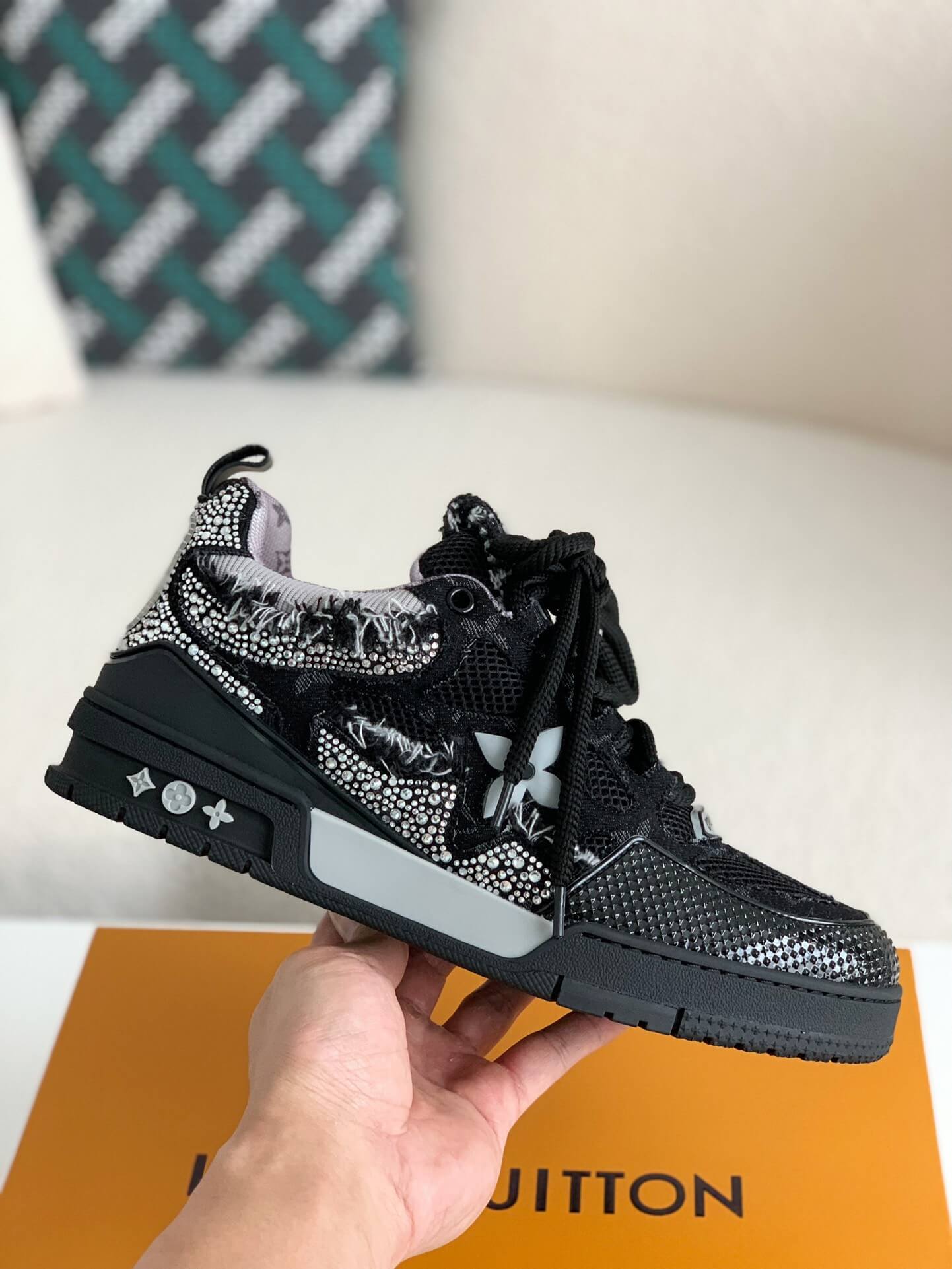 Louis Vuitton LV Skate Sneaker – Black Mesh with Strass Embellishments