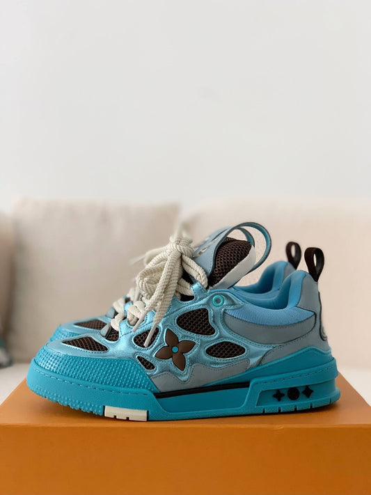 Louis Vuitton LV Skate Sneaker – Light Blue Metallic & Brown Mesh