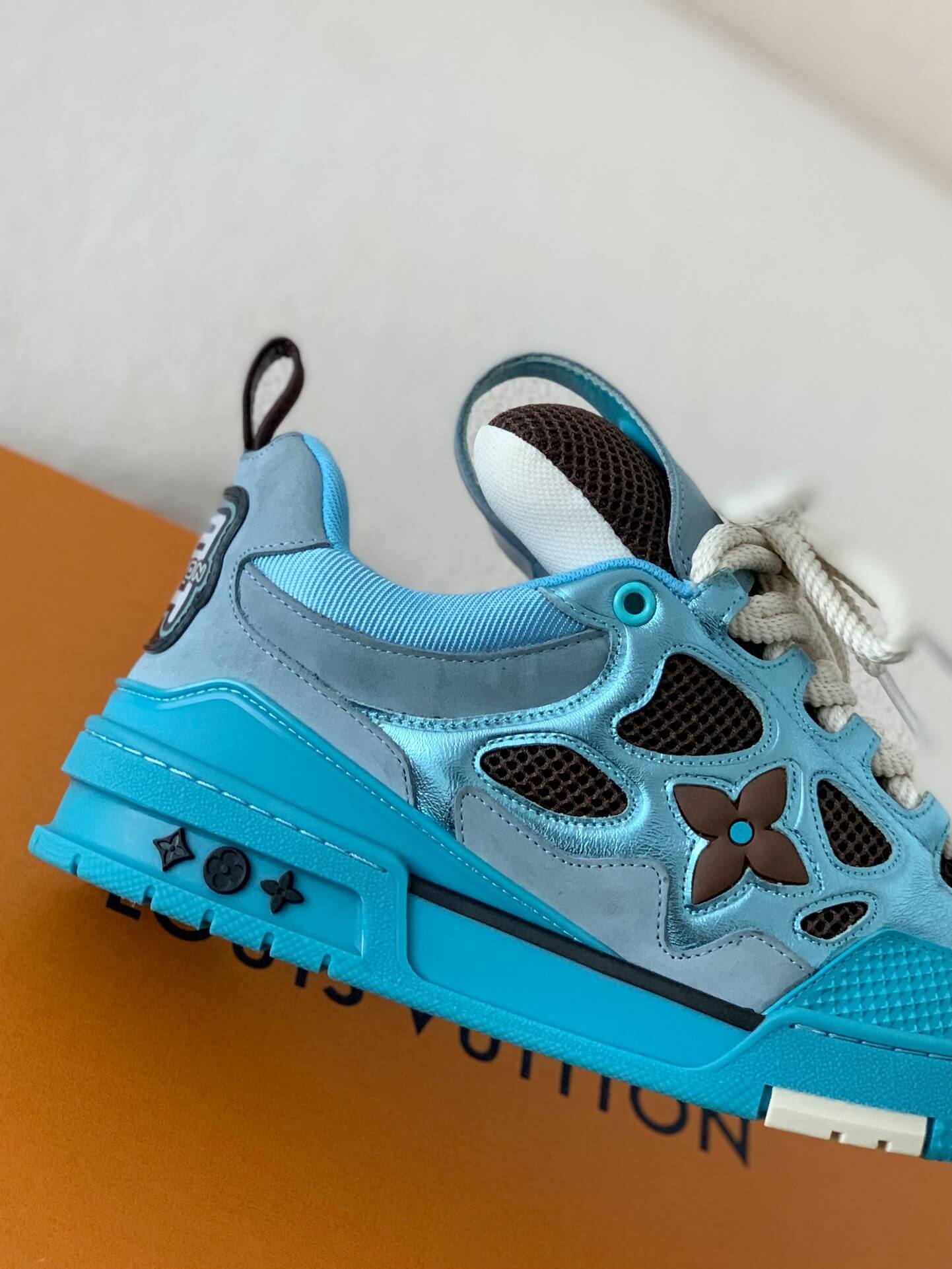 Louis Vuitton LV Skate Sneaker – Light Blue Metallic & Brown Mesh