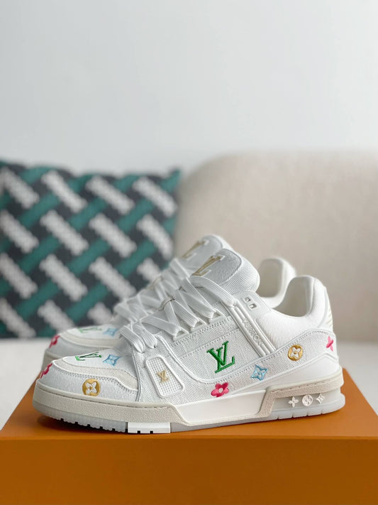 Louis Vuitton LV Trainer Floral Motif White Denim Sneaker