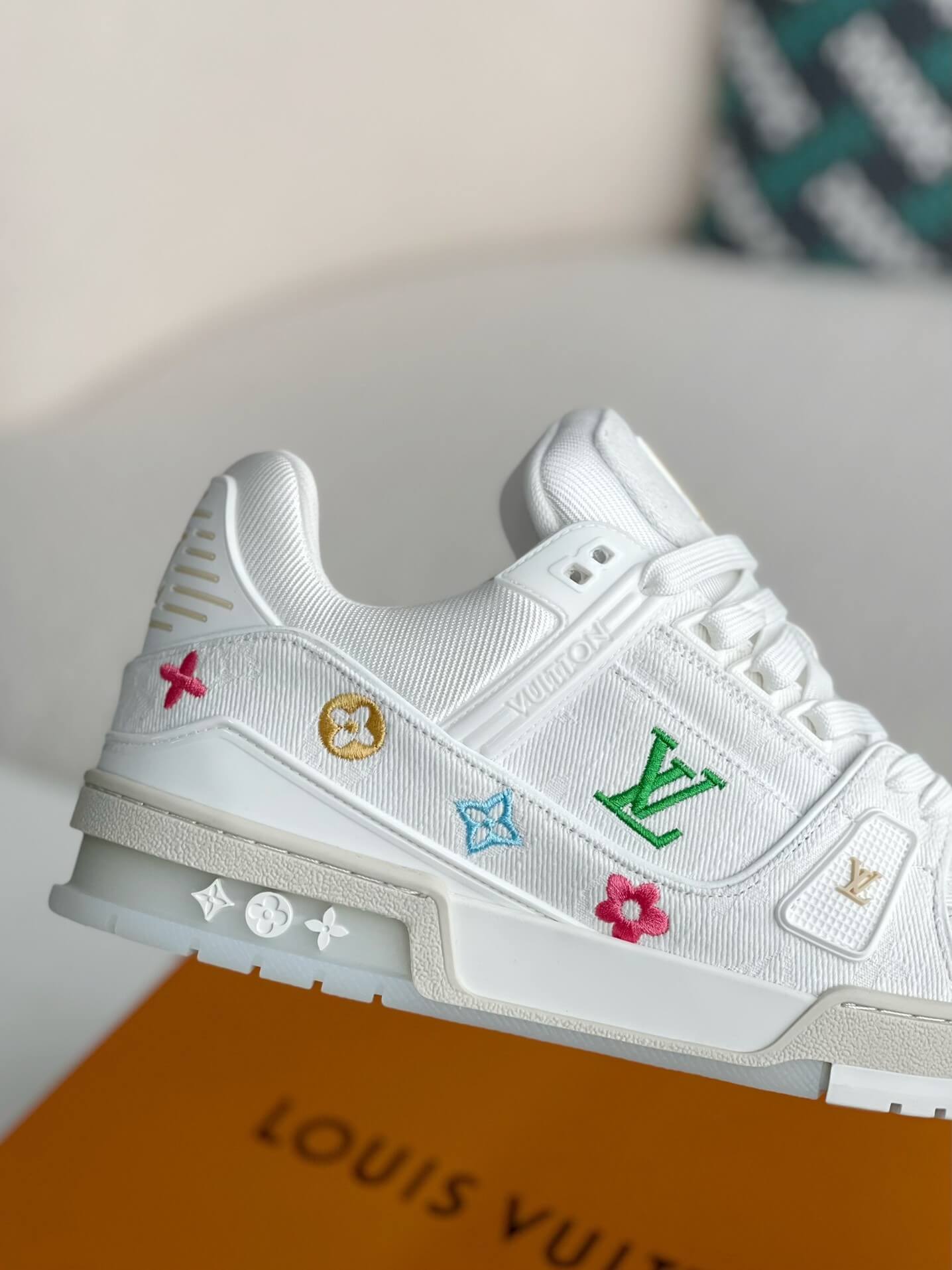 Louis Vuitton LV Trainer Floral Motif White Denim Sneaker