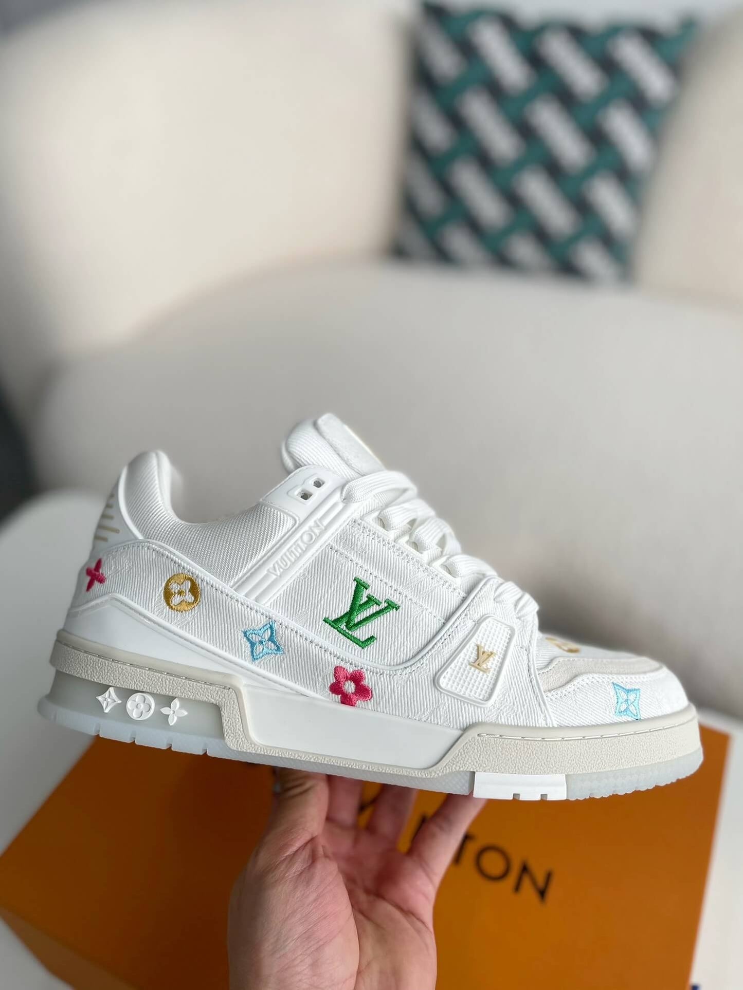 Louis Vuitton LV Trainer Floral Motif White Denim Sneaker