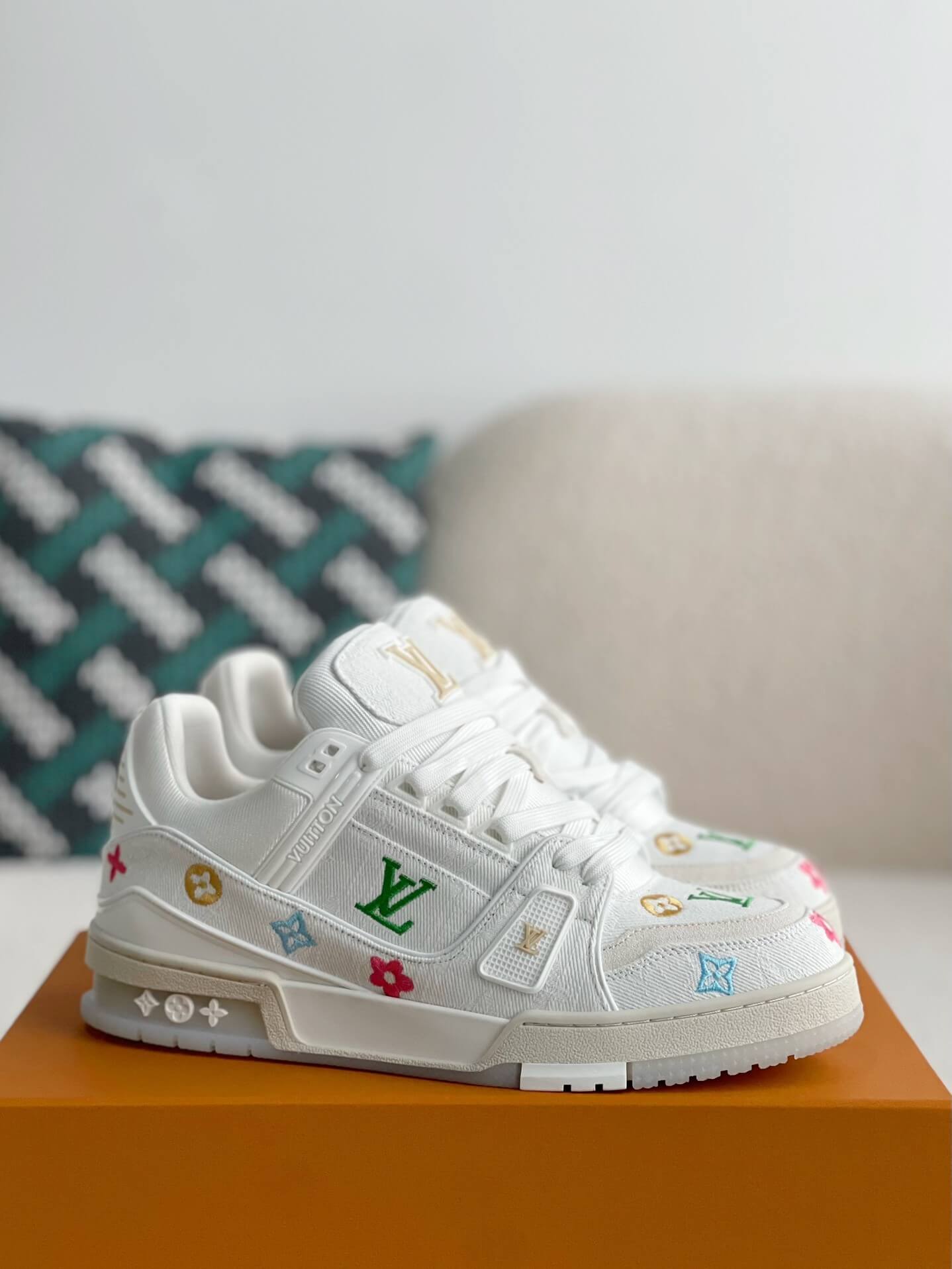 Louis Vuitton LV Trainer Floral Motif White Denim Sneaker