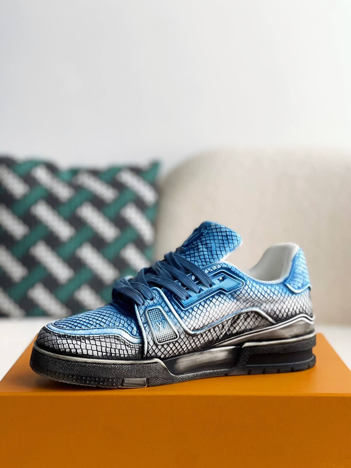 Louis Vuitton LV Trainer Snake Skin Textured Blue Shade Custom Sneaker