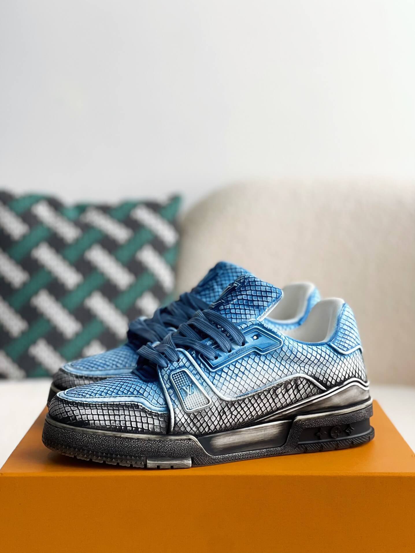 Louis Vuitton LV Trainer Snake Skin Textured Blue Shade Custom Sneaker