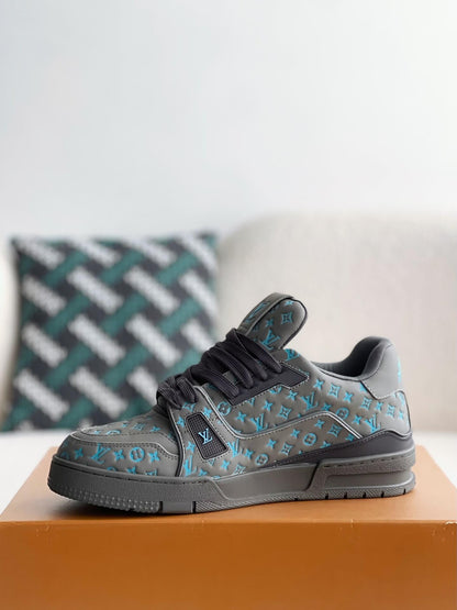 Louis Vuitton LV Trainer #54 Grey Blue Embroidered  Monogram Sneaker