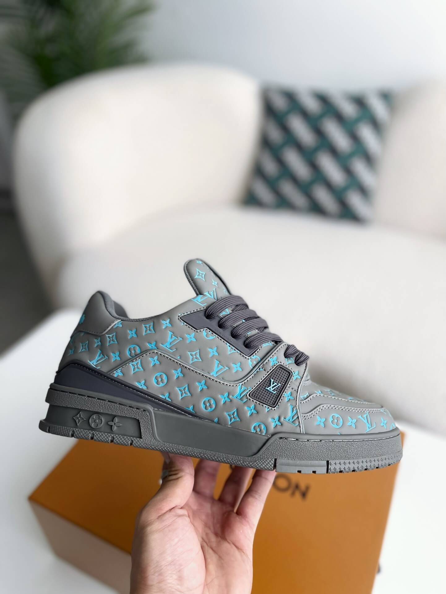 Louis Vuitton LV Trainer #54 Grey Blue Embroidered  Monogram Sneaker