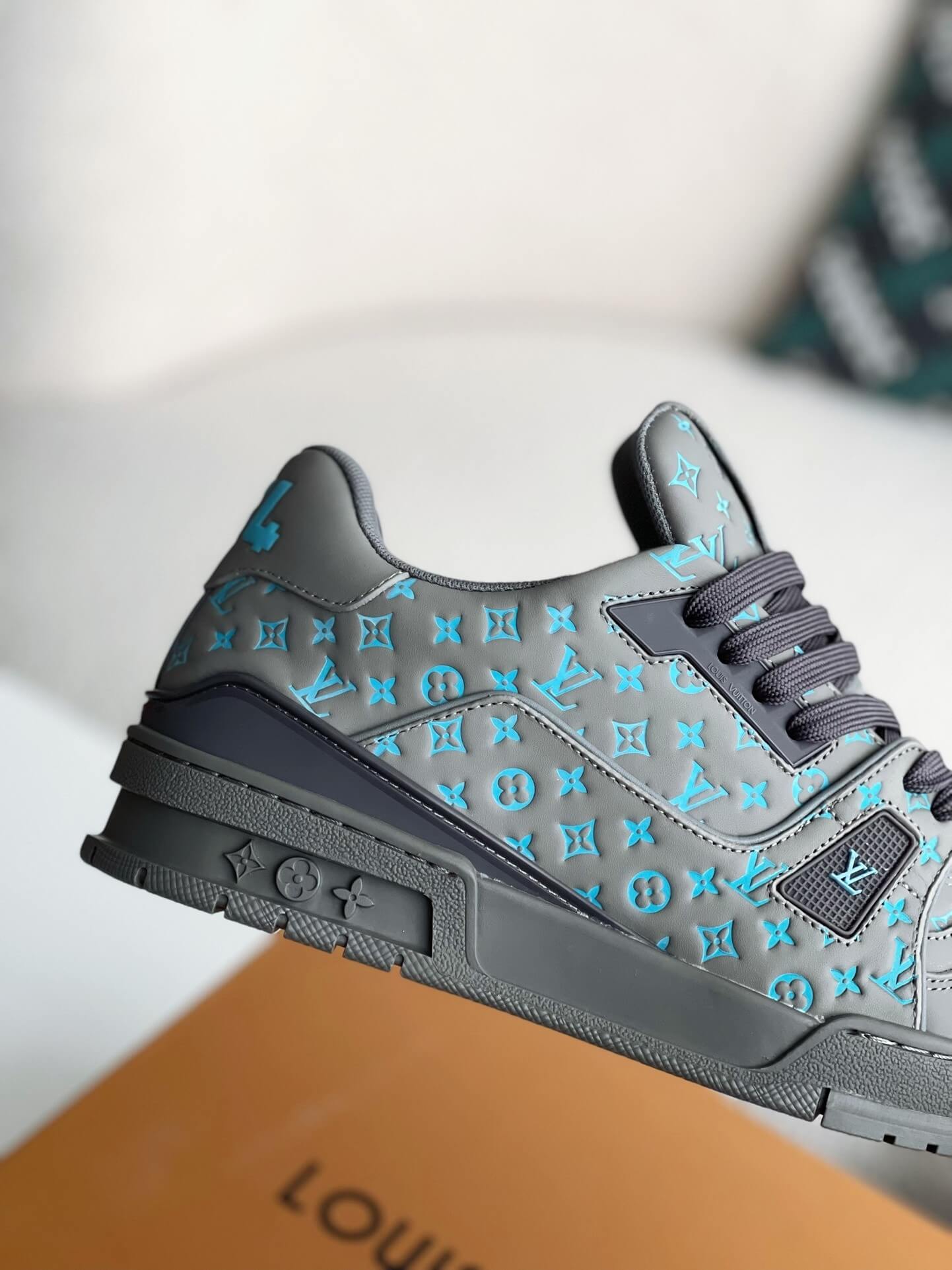 Louis Vuitton LV Trainer #54 Grey Blue Embroidered  Monogram Sneaker