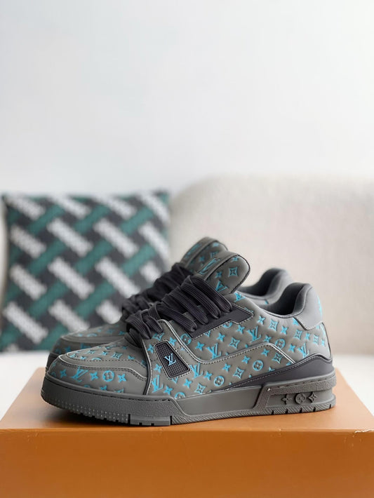 Louis Vuitton LV Trainer #54 Grey Blue Embroidered  Monogram Sneaker