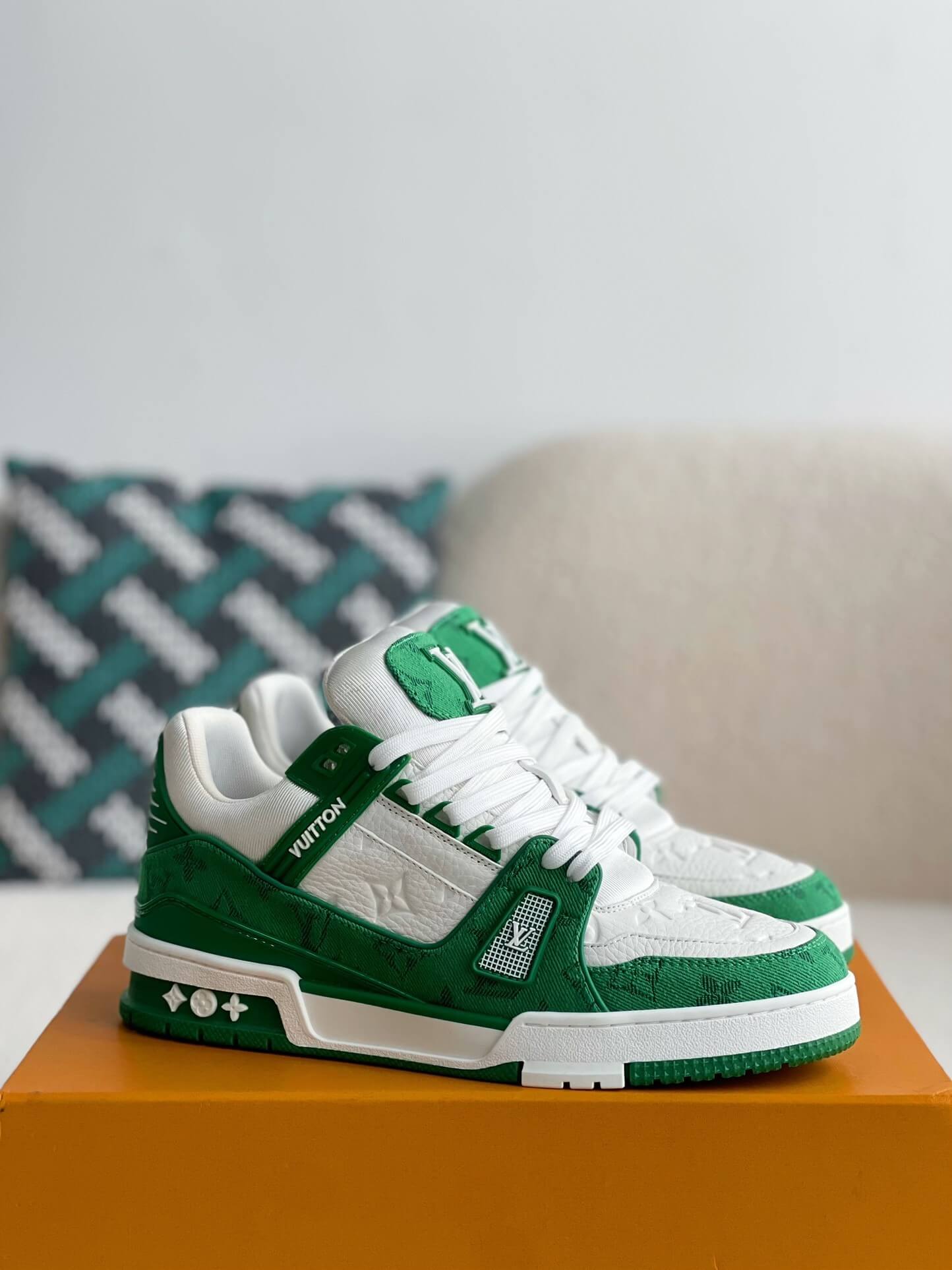 Louis Vuitton Trainer Monogram Green White Denim Sneakers