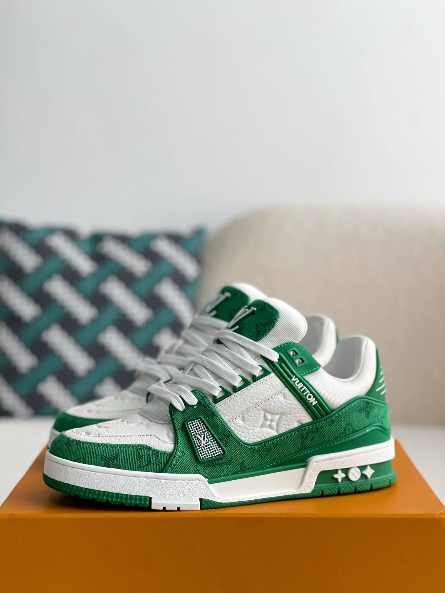 Louis Vuitton Trainer Monogram Green White Denim Sneakers