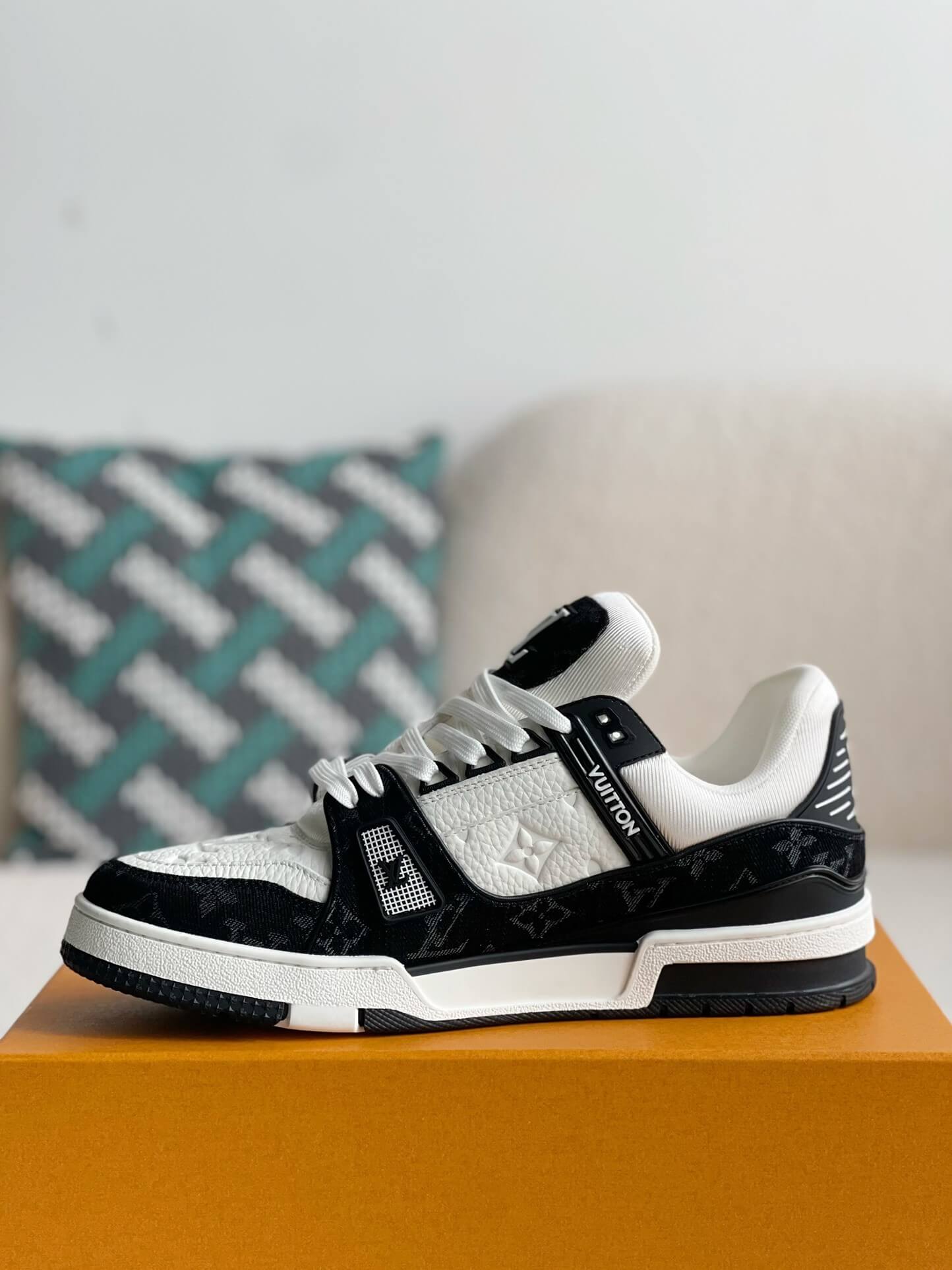 Louis Vuitton Trainer Sneaker – Black & White Monogram Denim with Embossed Grained Leather