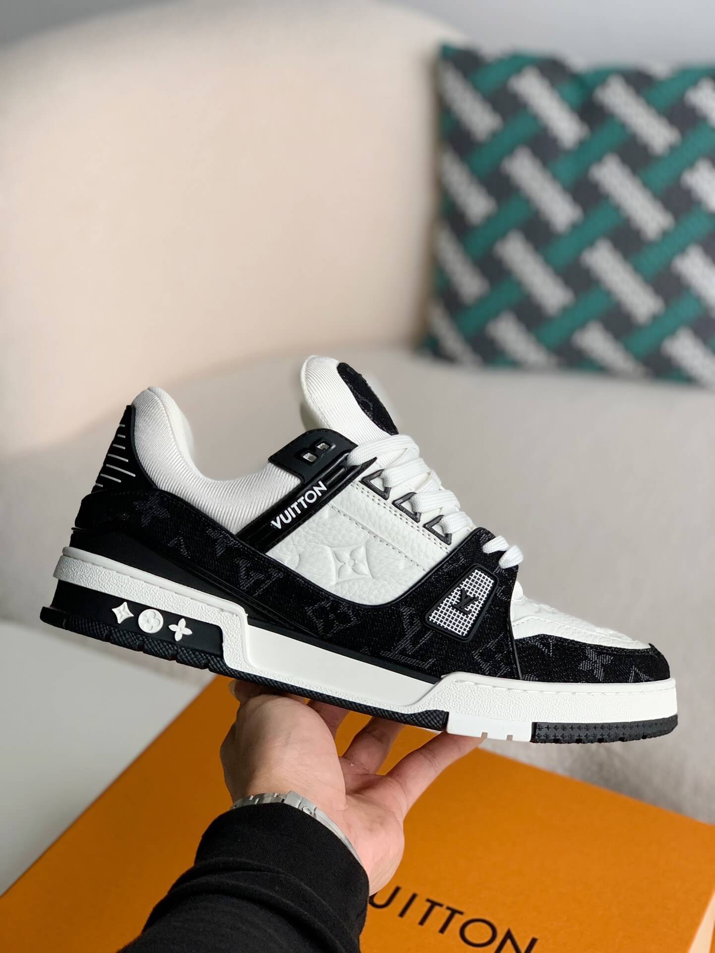 Louis Vuitton Trainer Sneaker – Black & White Monogram Denim with Embossed Grained Leather