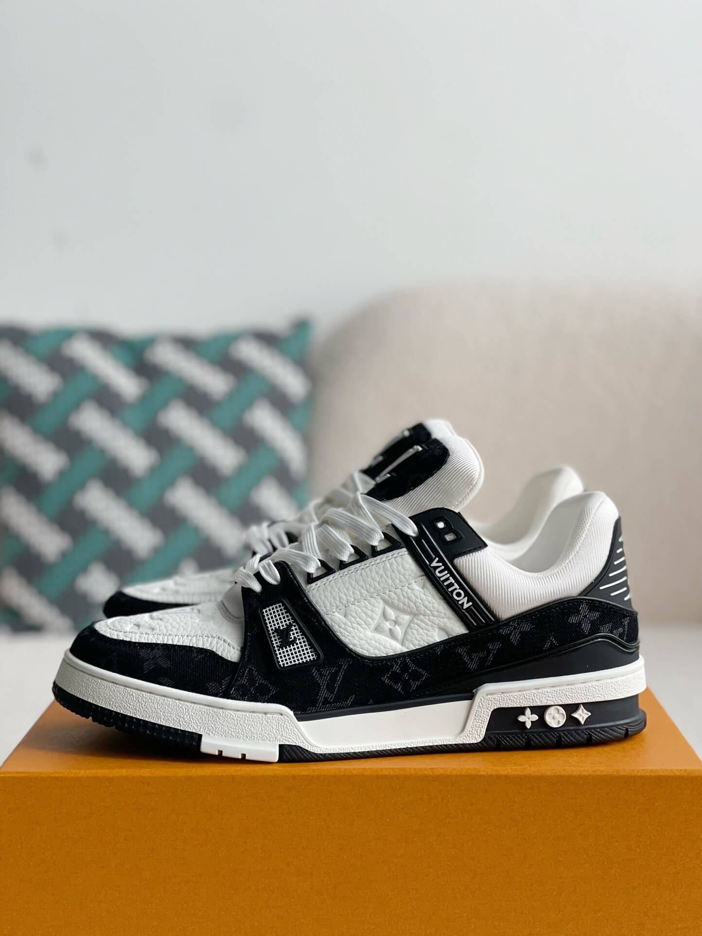 Louis Vuitton Trainer Sneaker – Black & White Monogram Denim with Embossed Grained Leather