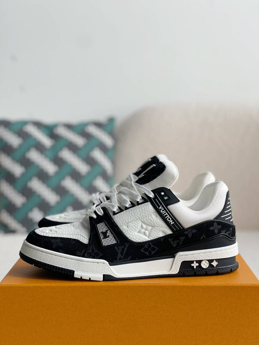 Louis Vuitton Trainer Sneaker – Black & White Monogram Denim with Embossed Grained Leather