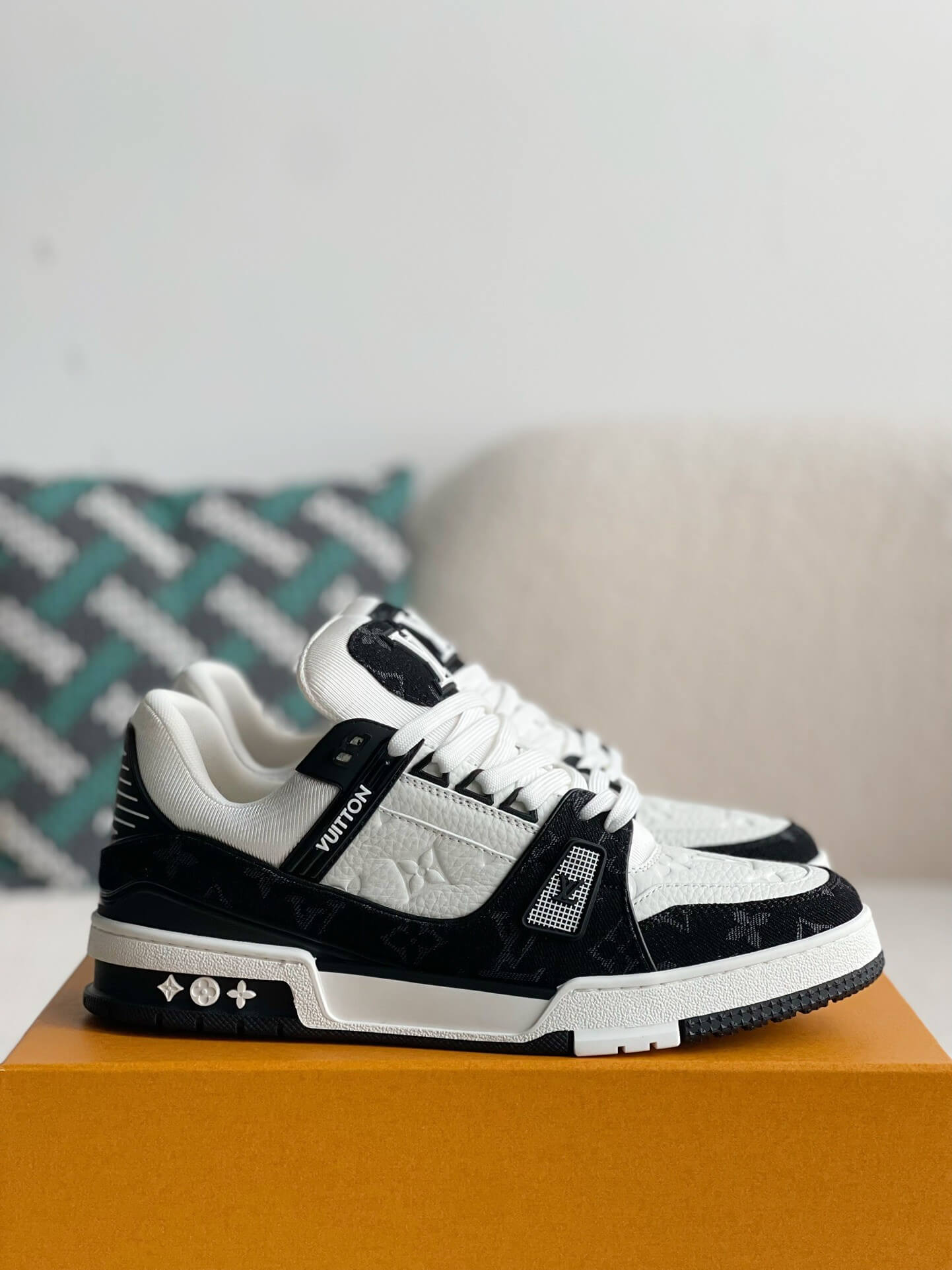Louis Vuitton Trainer Sneaker – Black & White Monogram Denim with Embossed Grained Leather