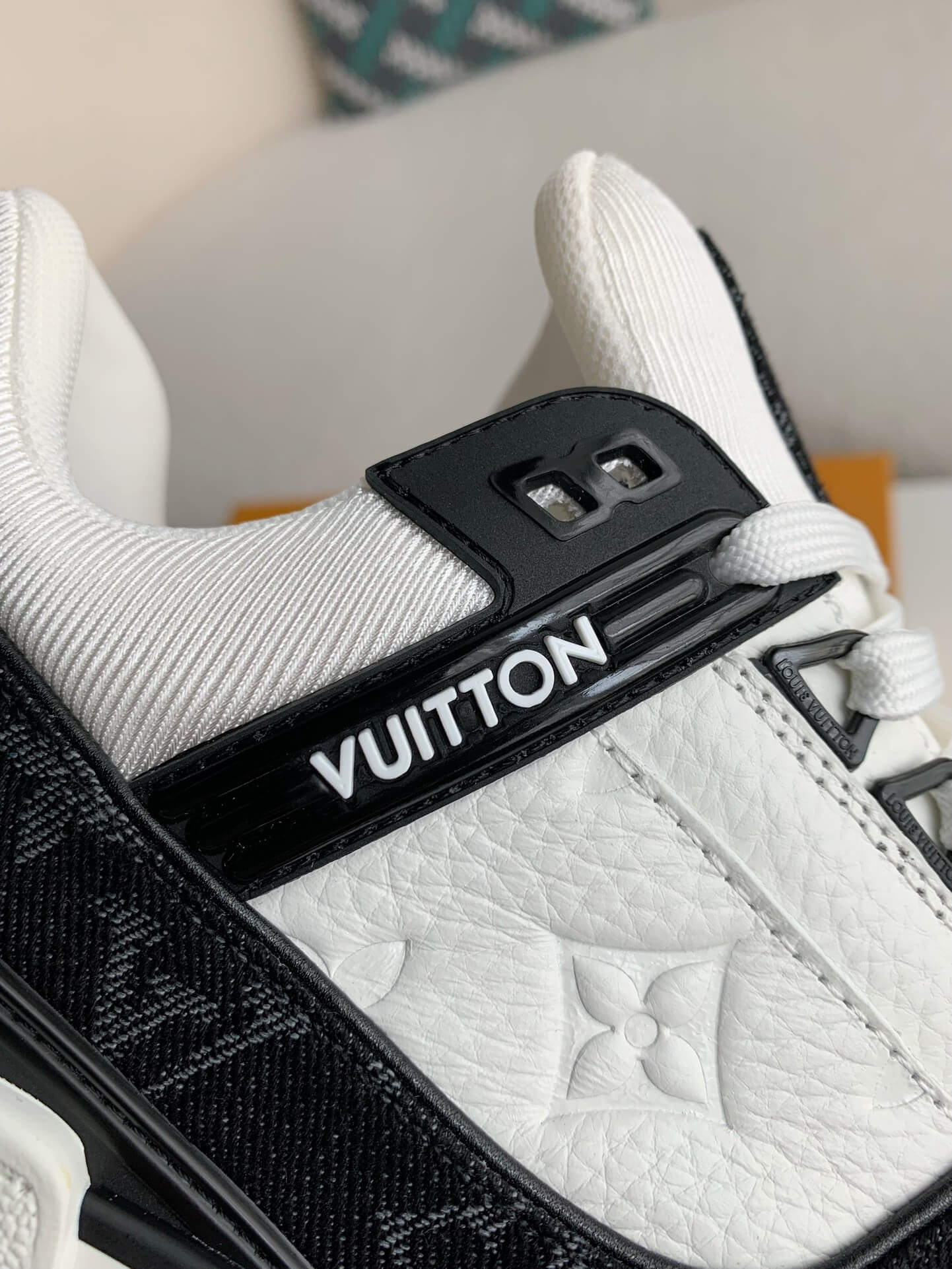 Louis Vuitton Trainer Sneaker – Black & White Monogram Denim with Embossed Grained Leather