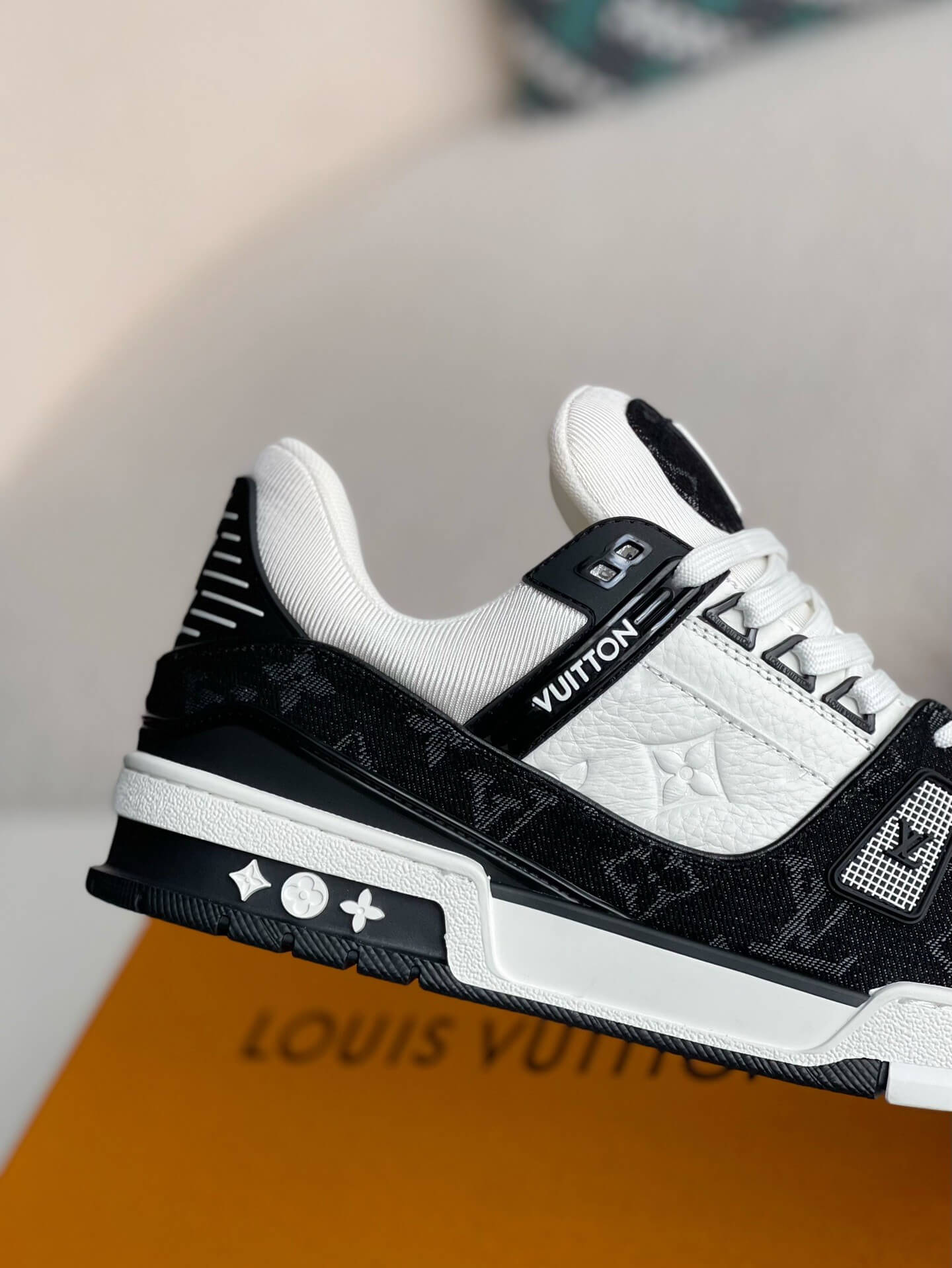 Louis Vuitton Trainer Sneaker – Black & White Monogram Denim with Embossed Grained Leather