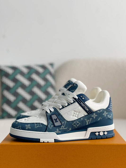 Louis Vuitton Trainer Sneaker – Blue Monogram Denim & White Grained Leather