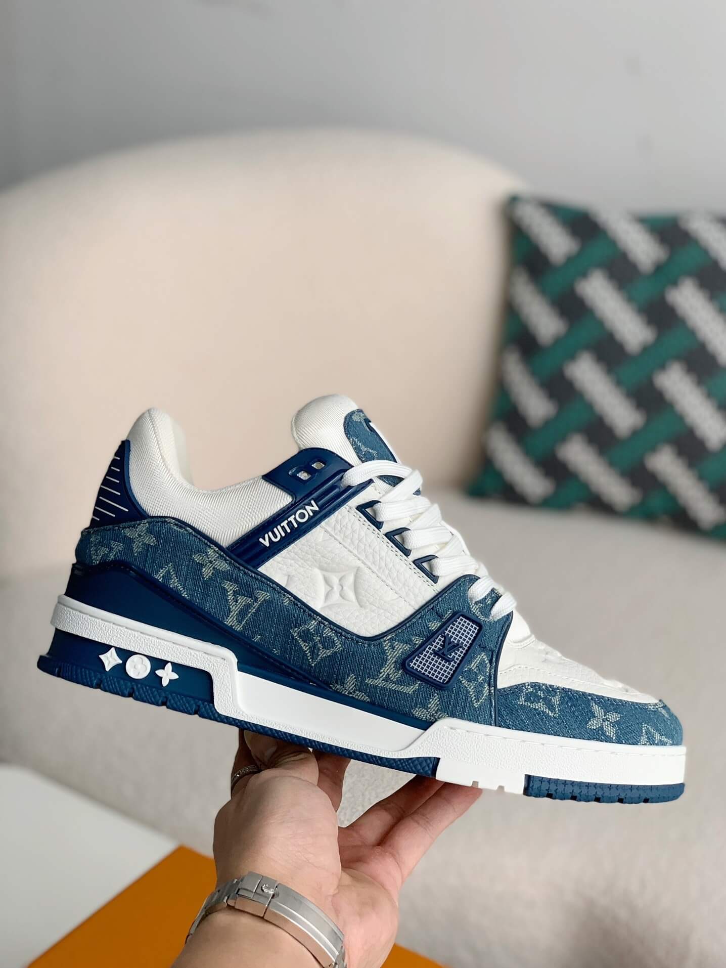 Louis Vuitton Trainer Sneaker – Blue Monogram Denim & White Grained Leather