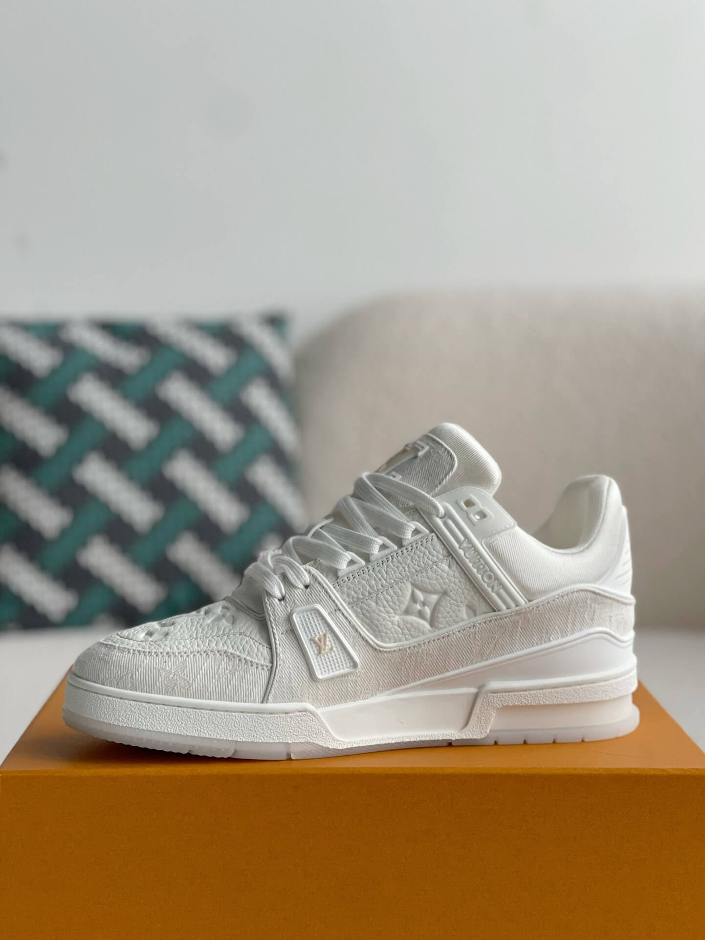 Louis Vuitton Trainer Sneaker – Triple White Monogram Denim & Grained Leather