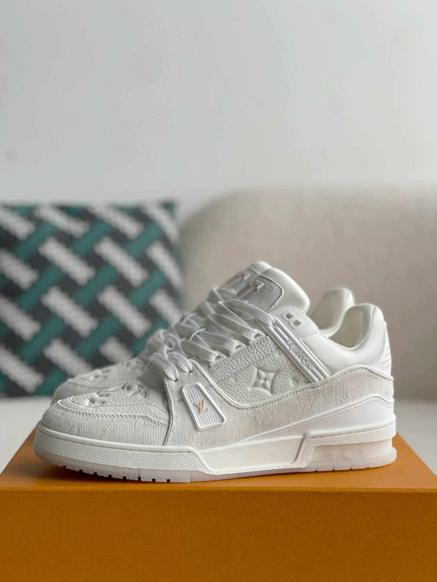 Louis Vuitton Trainer Sneaker – Triple White Monogram Denim & Grained Leather