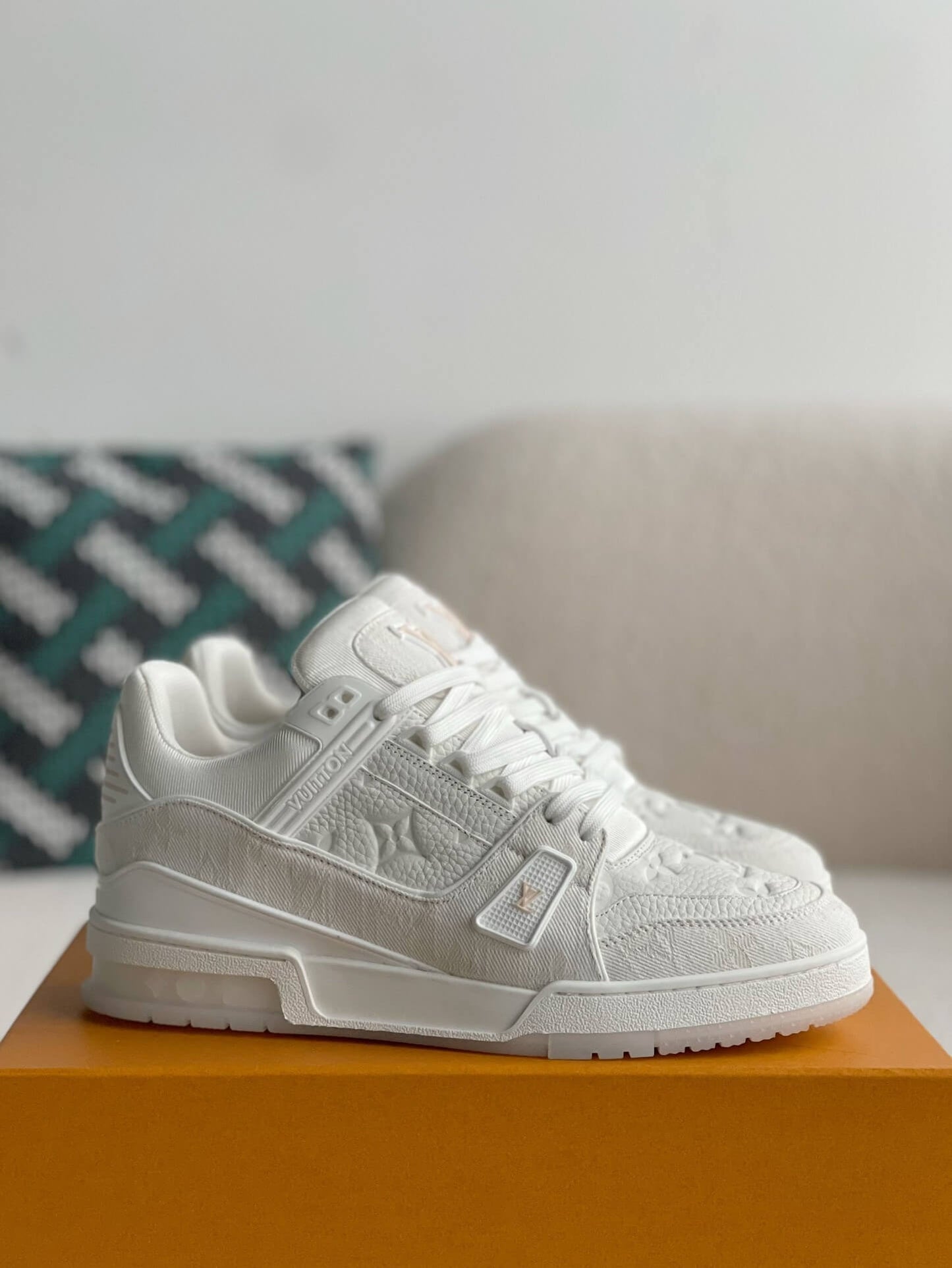 Louis Vuitton Trainer Sneaker – Triple White Monogram Denim & Grained Leather