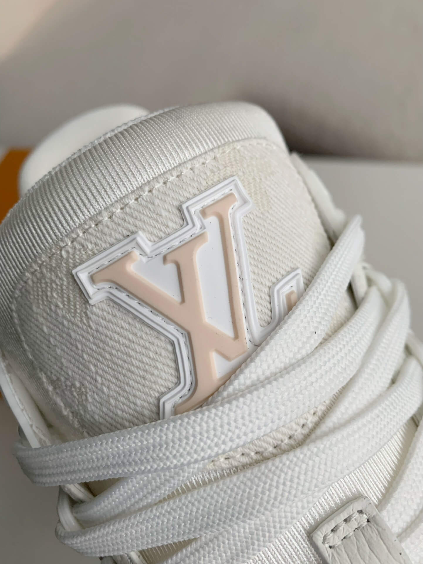Louis Vuitton Trainer Sneaker – Triple White Monogram Denim & Grained Leather