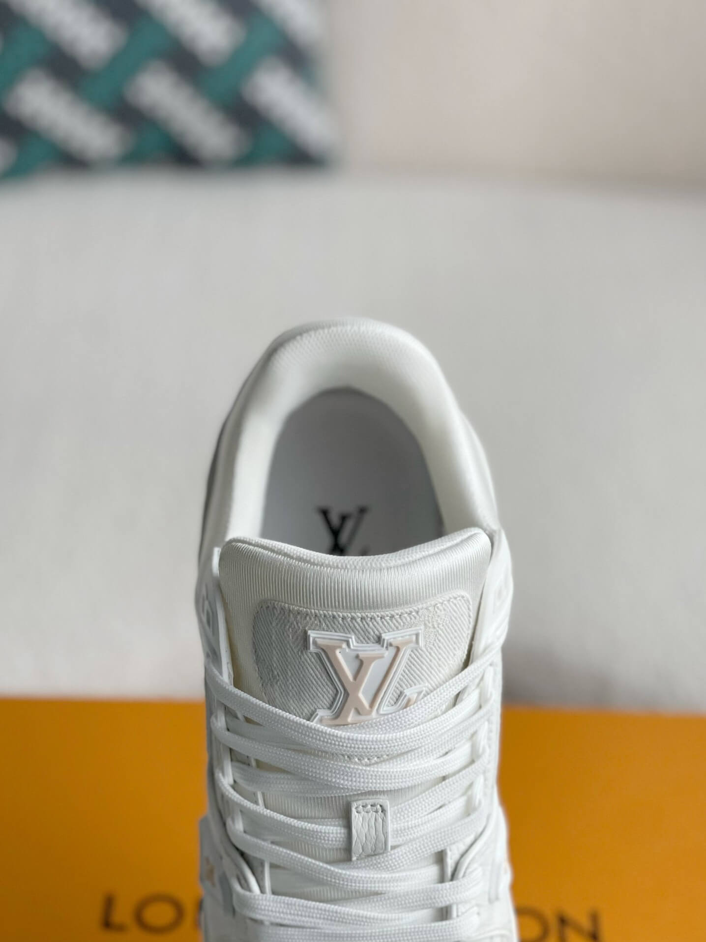Louis Vuitton Trainer Sneaker – Triple White Monogram Denim & Grained Leather