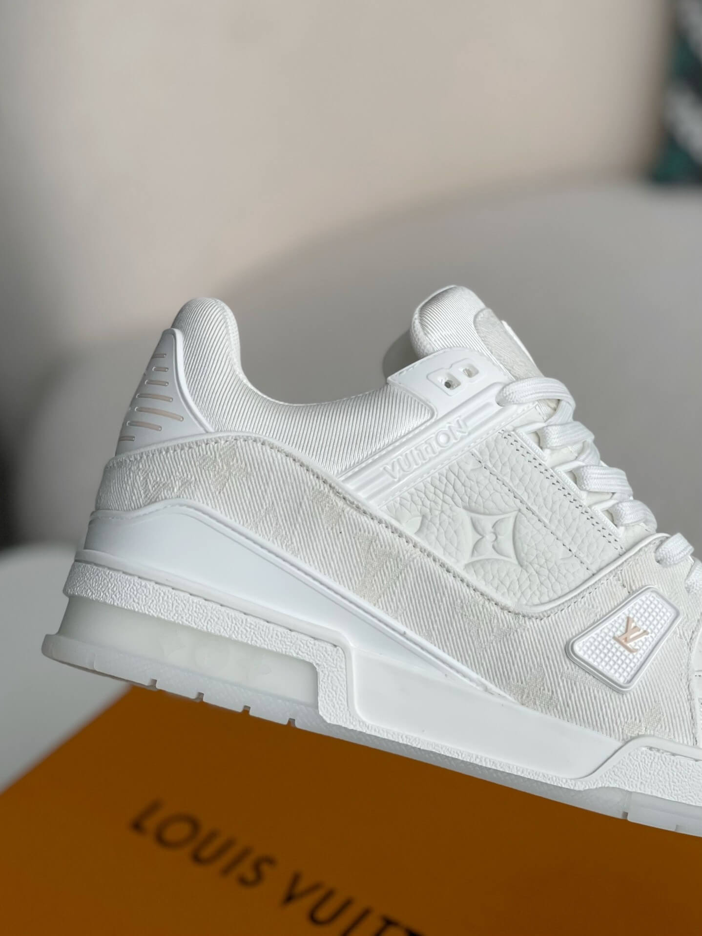 Louis Vuitton Trainer Sneaker – Triple White Monogram Denim & Grained Leather