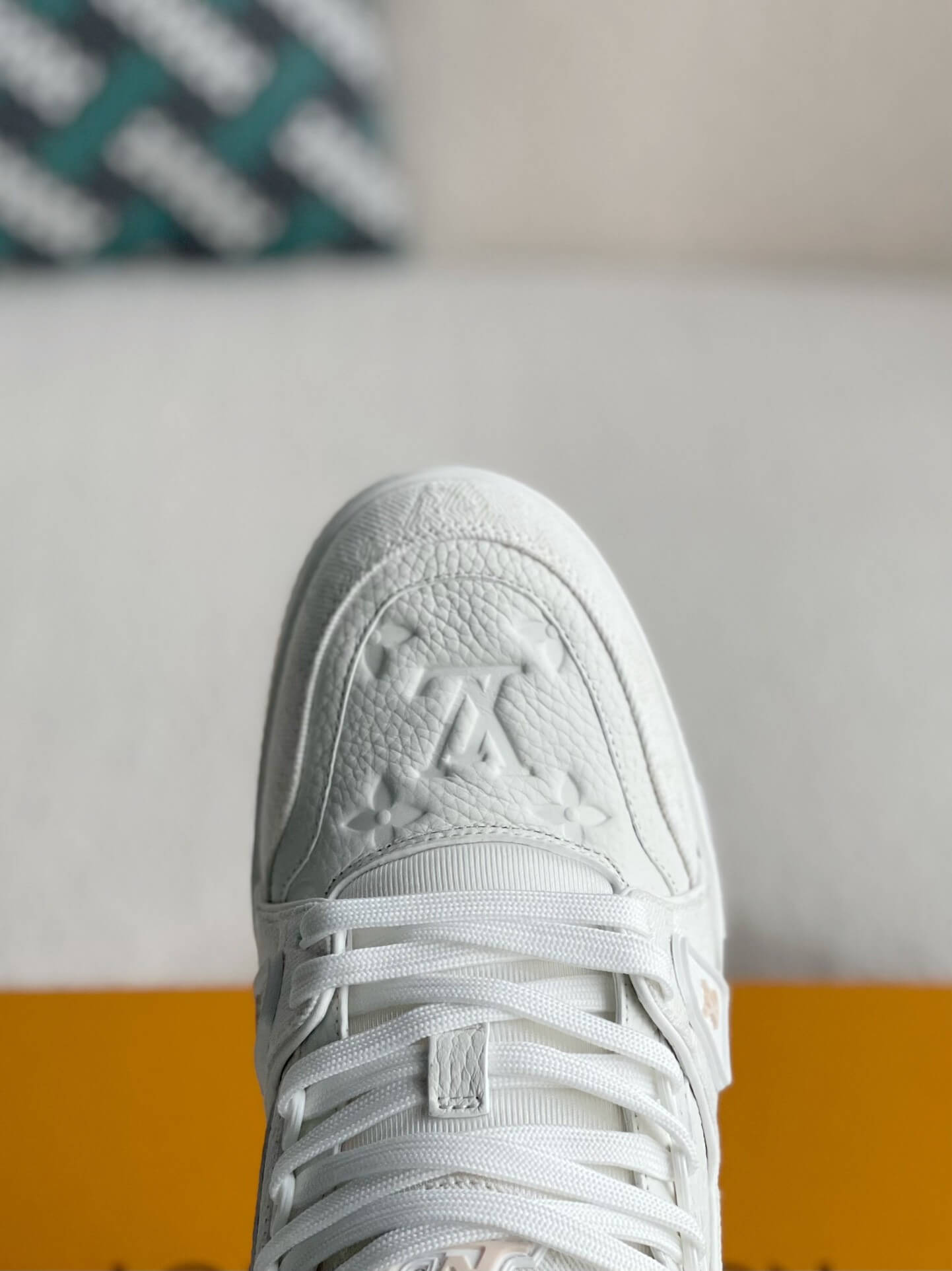Louis Vuitton Trainer Sneaker – Triple White Monogram Denim & Grained Leather