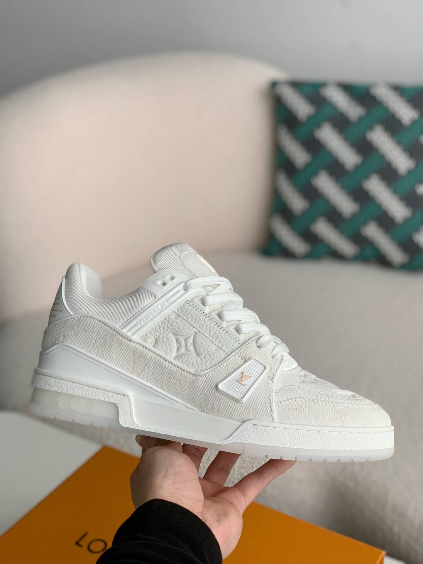 Louis Vuitton Trainer Sneaker – Triple White Monogram Denim & Grained Leather